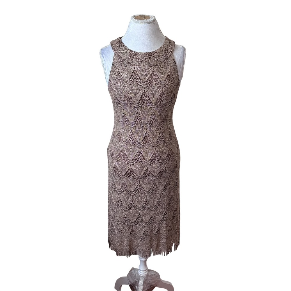 Vintage SL Fashions Gold Metallic Flapper Dress 14 Fringe Laced Art Deco Party
